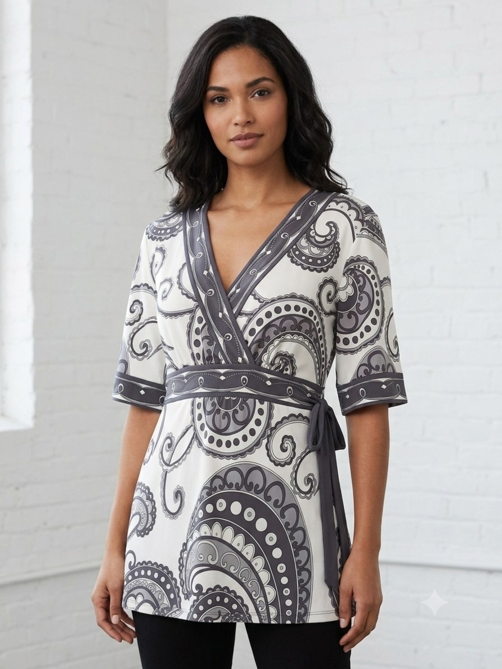 Venezia White and Gray Paisley Wrap Blouse